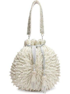 Floral Embroidered Beaded Potli Bag, Tassel Drawstring Clutch Wristlet, 9.5x9.5